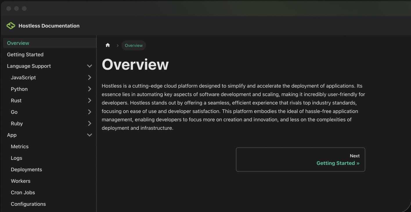 Hostless Documentation Dashboard